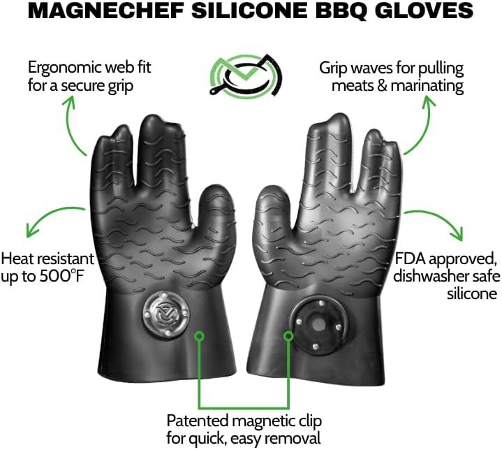 This image breaks down the BBQ gloves by highlighting specific functional features including the ergonomic grip, heat resistance up to 500°F, grip waves for handling meat, patented magnetic clip,…