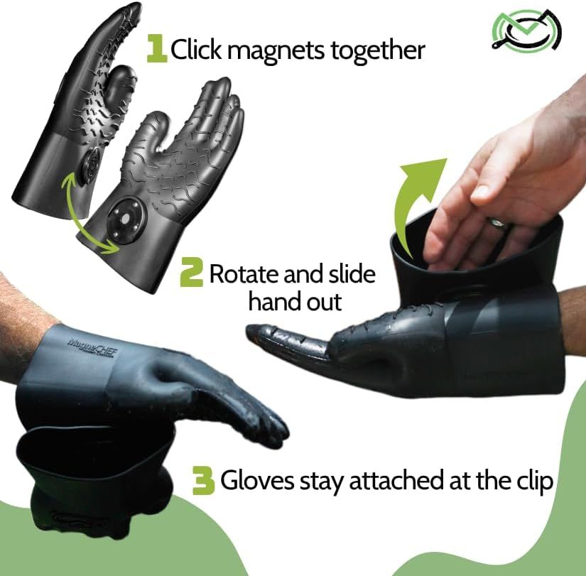 Demonstrates the three-step process for attaching and removing the gloves using the magnetic clip system, helping customers understand how the product works.