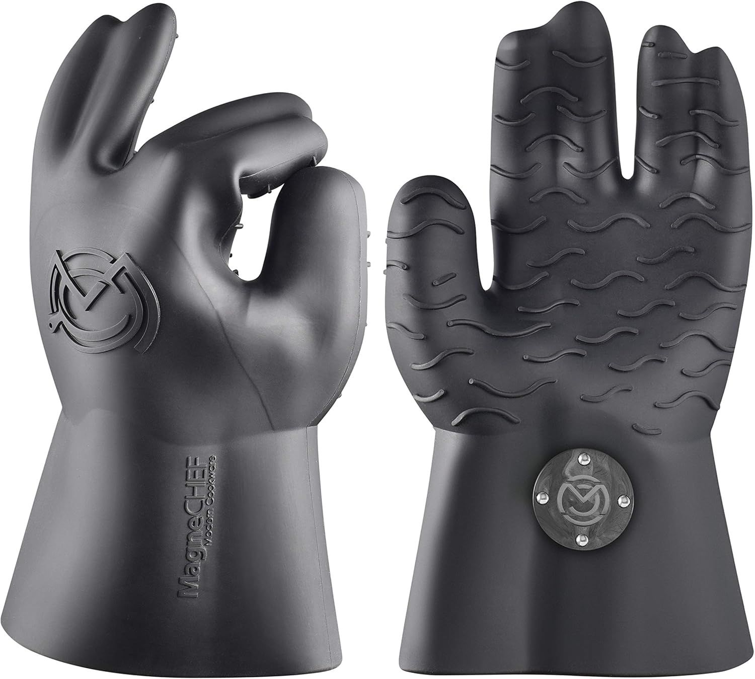 Highlights the structural features of the gloves including the textured grip pattern on the palm and fingers, brand logo placement, and metal attachment hardware to help shoppers understand the…