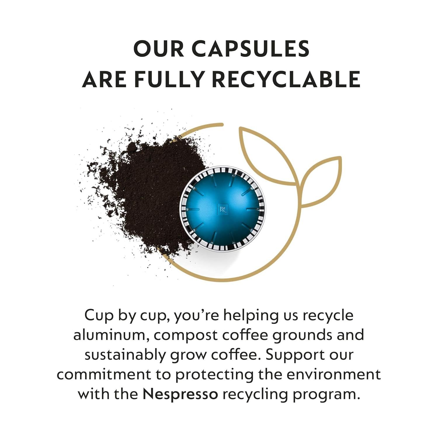 Communicates that the coffee capsules are environmentally friendly and fully recyclable, encouraging shoppers to support sustainability through the Nespresso recycling program.