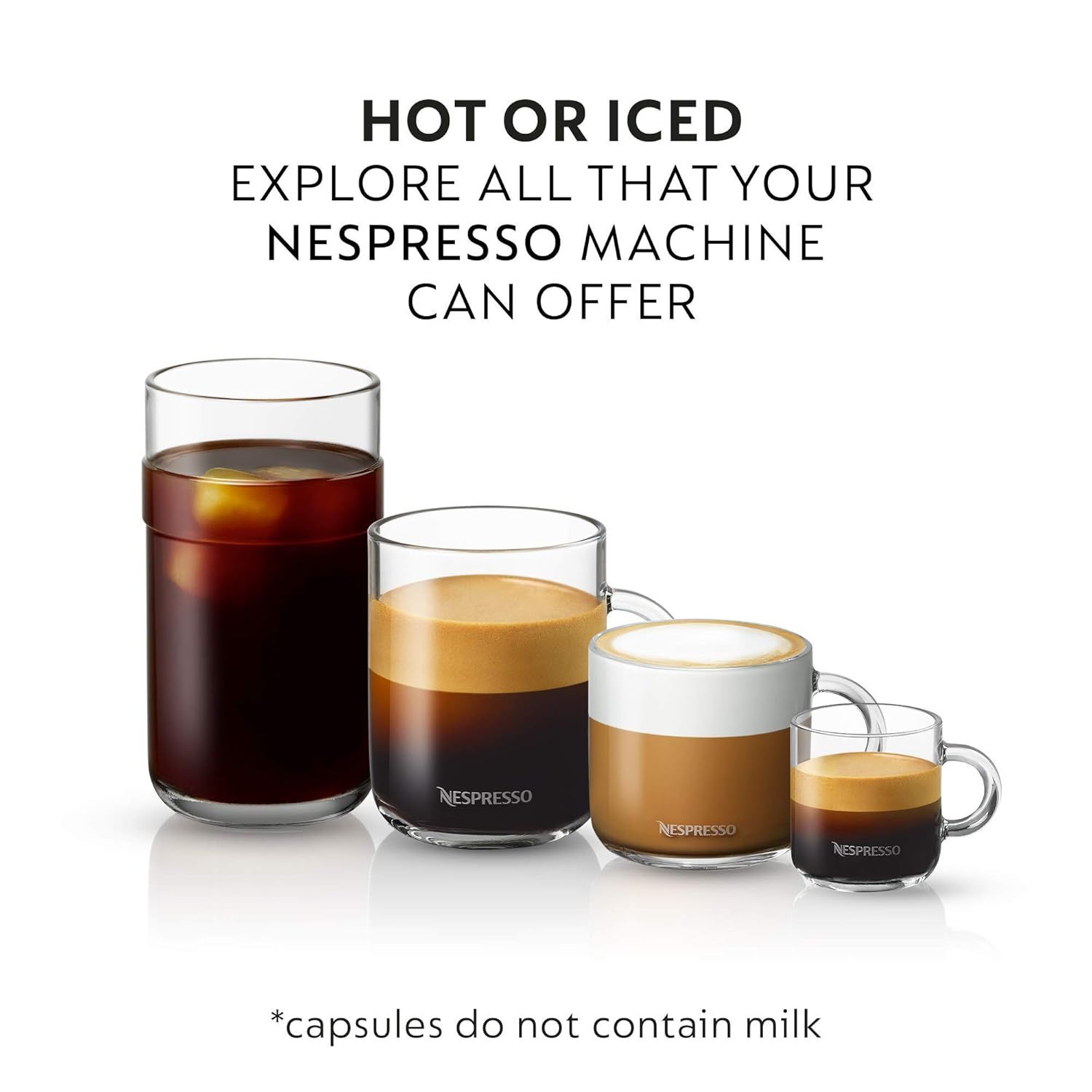 Demonstrates the versatility of the Nespresso machine by showing it can create multiple types of coffee beverages, both hot and iced, to appeal to different customer preferences.