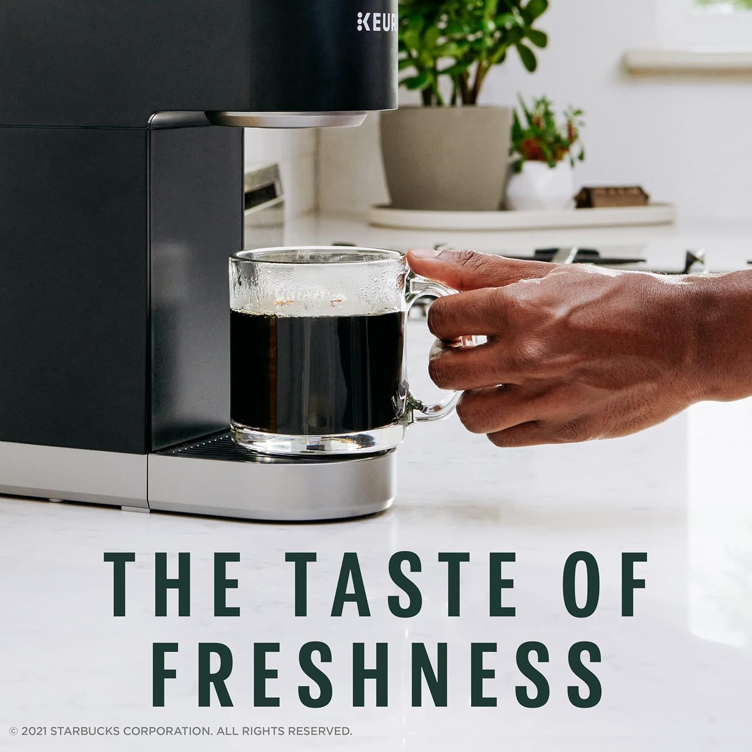 Communicates that the Keurig machine delivers fresh-tasting coffee, emphasizing quality and flavor as a key benefit to shoppers.