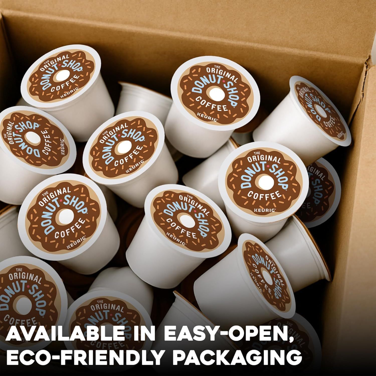 Communicates that the product is available in easy-open, eco-friendly packaging to appeal to environmentally conscious shoppers.