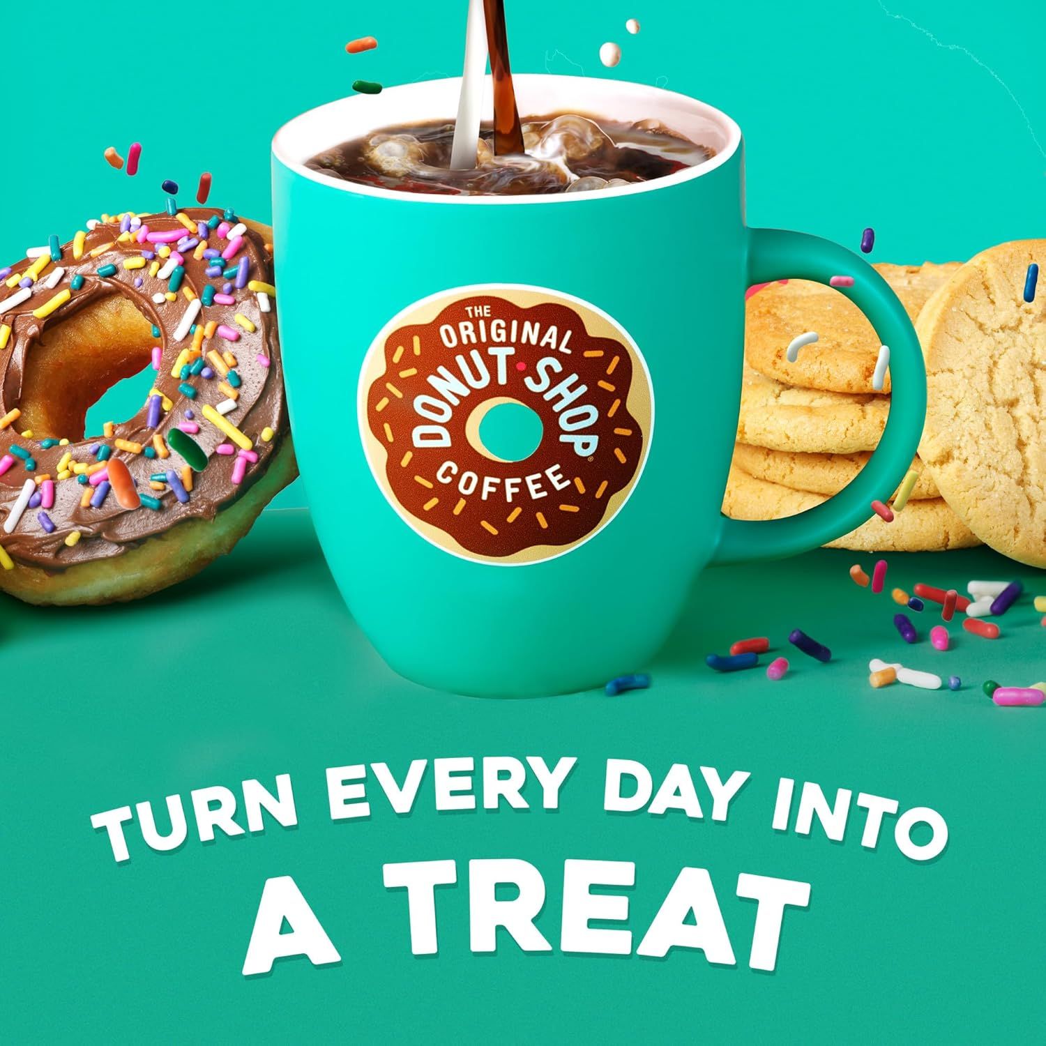 Emphasizes The Original Donut Shop Coffee brand identity and emotional positioning with the tagline to create a positive lifestyle association around treating yourself daily.