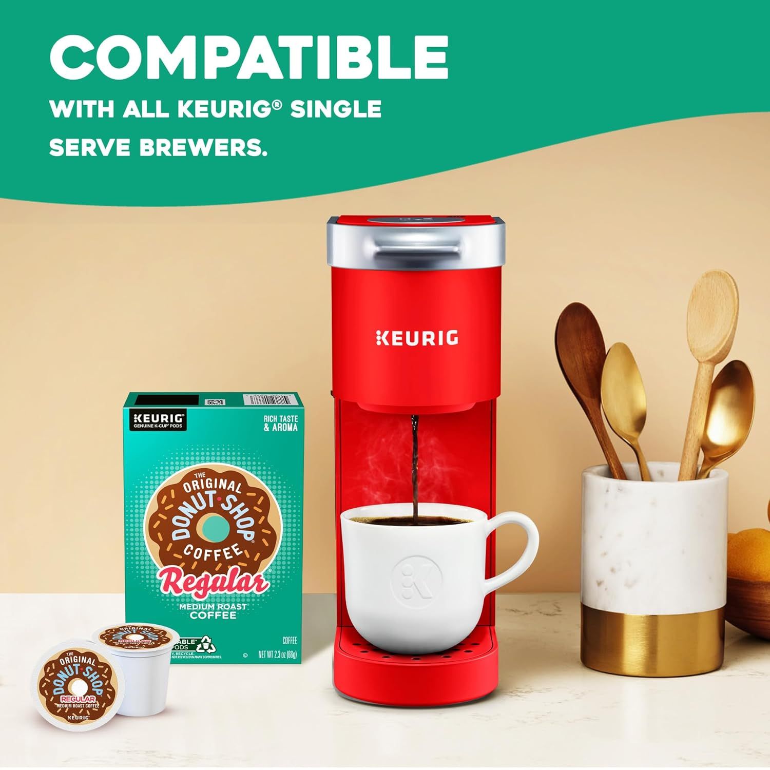 Communicates that the product is compatible with all Keurig single serve brewers, reassuring shoppers they can use it with their existing coffee maker.