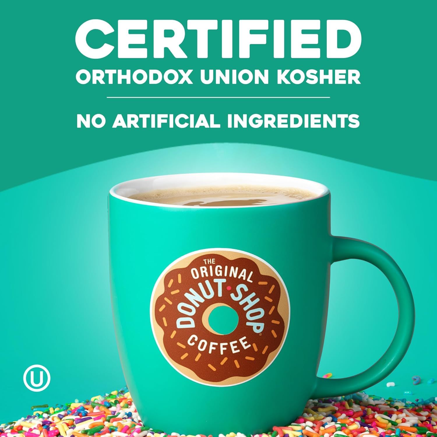 Communicates that the coffee is certified Orthodox Union Kosher and contains no artificial ingredients, reassuring shoppers about quality and dietary compliance.