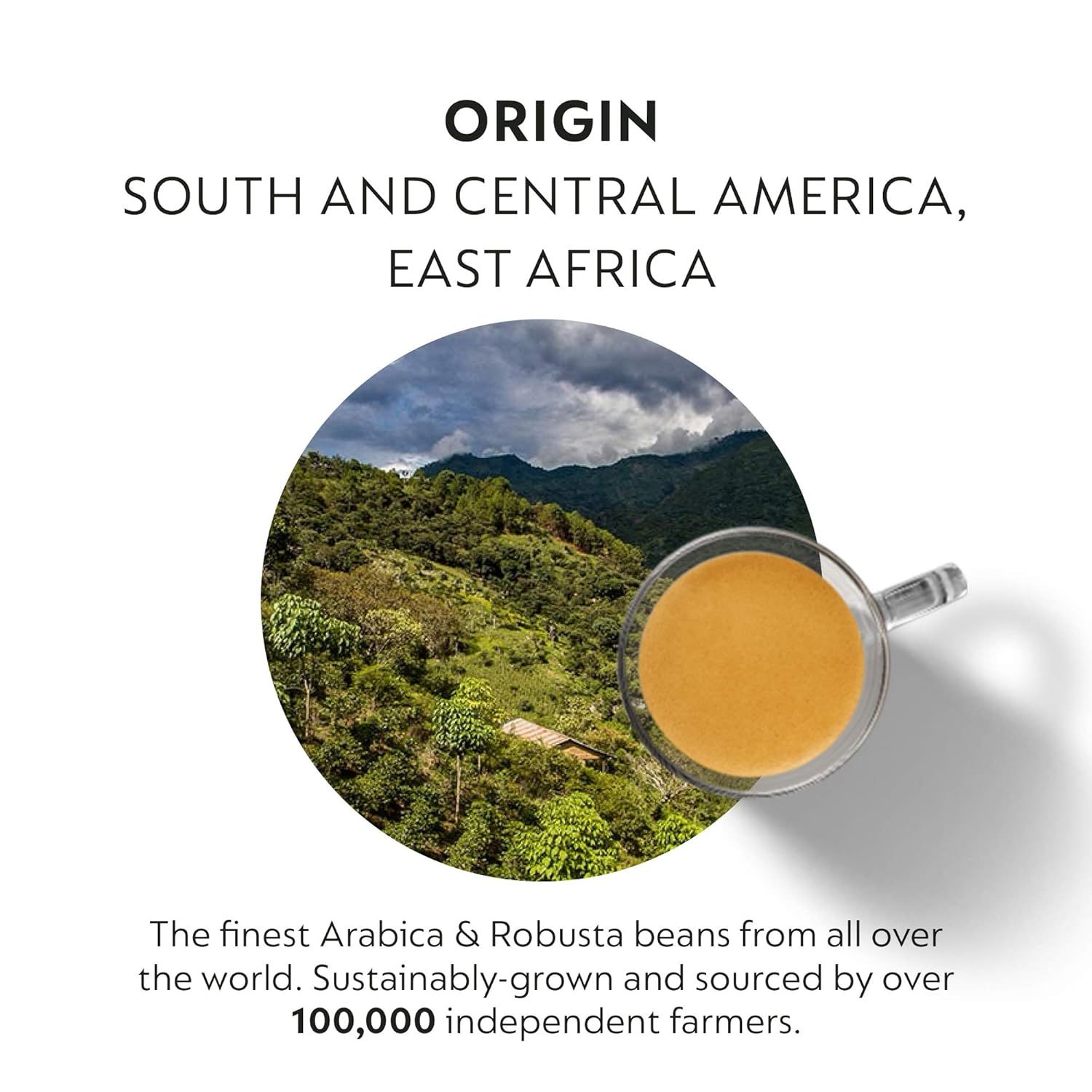 Communicates the geographic origin of the coffee beans and emphasizes sustainable sourcing from over 100,000 independent farmers to build trust and appeal to ethically-minded shoppers.