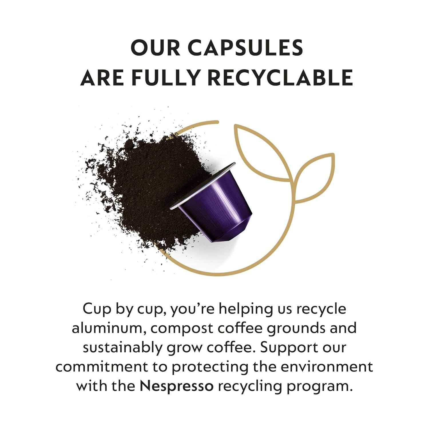 Communicates that the coffee capsules are environmentally friendly and fully recyclable, reassuring eco-conscious shoppers and promoting the brand's sustainability commitment through the Nespresso…