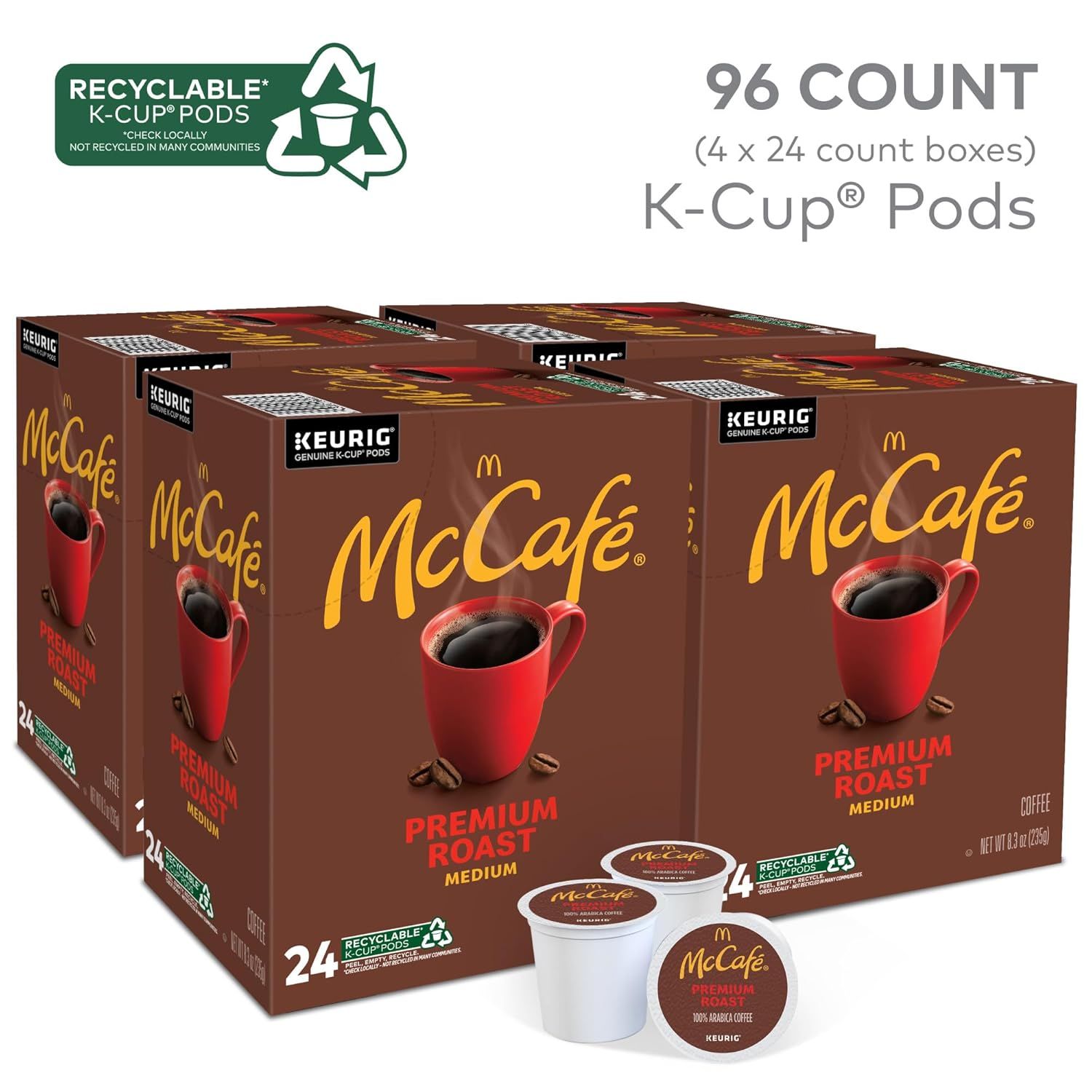 Shows the customer exactly what they receive: 96 K-Cup pods packaged as 4 boxes of 24 count each, helping them understand the bundle quantity and packaging format. Highlights that the K-Cup pods are…