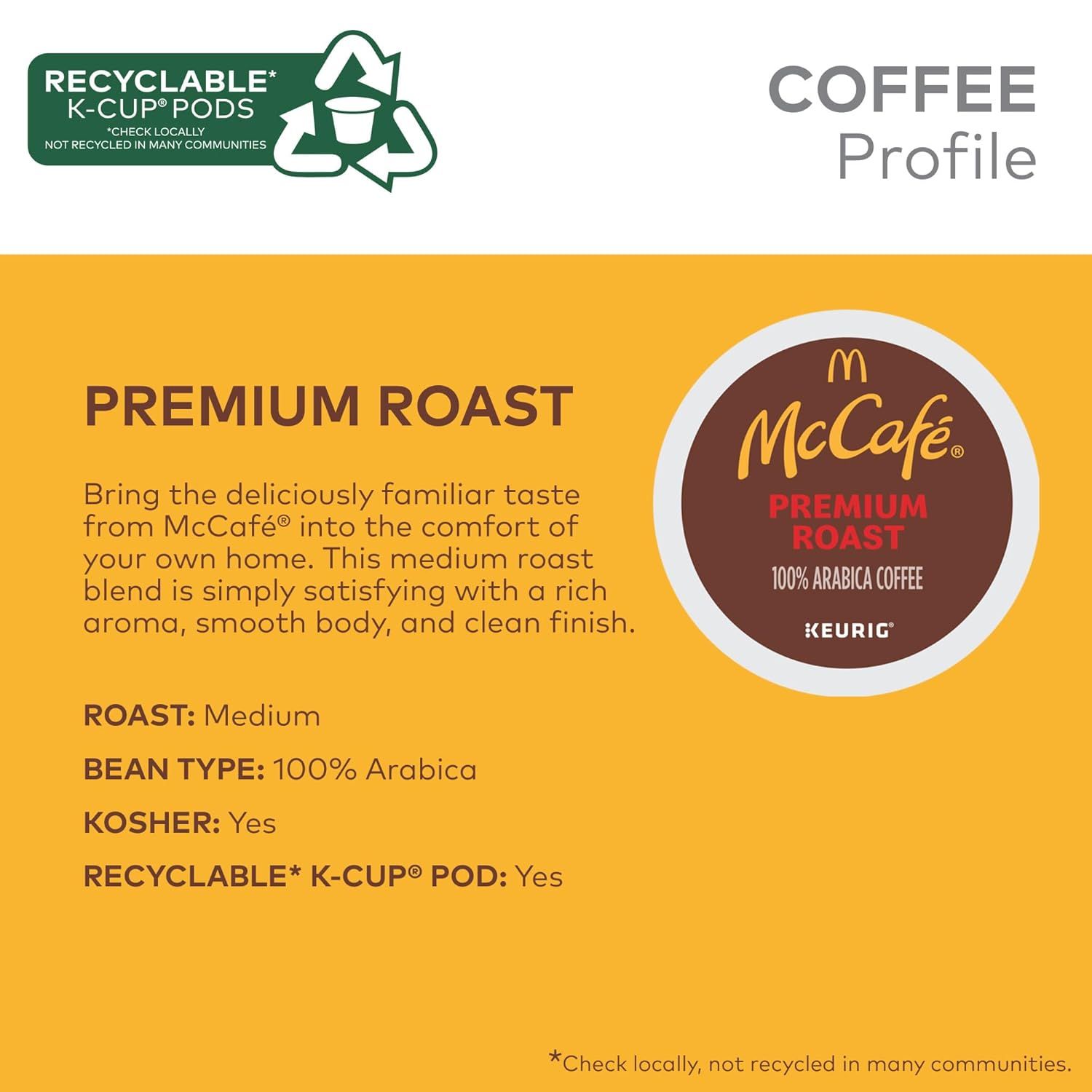 Communicates multiple product attributes including roast level, bean type, kosher certification, and recyclability to help shoppers understand the coffee's key features and benefits.