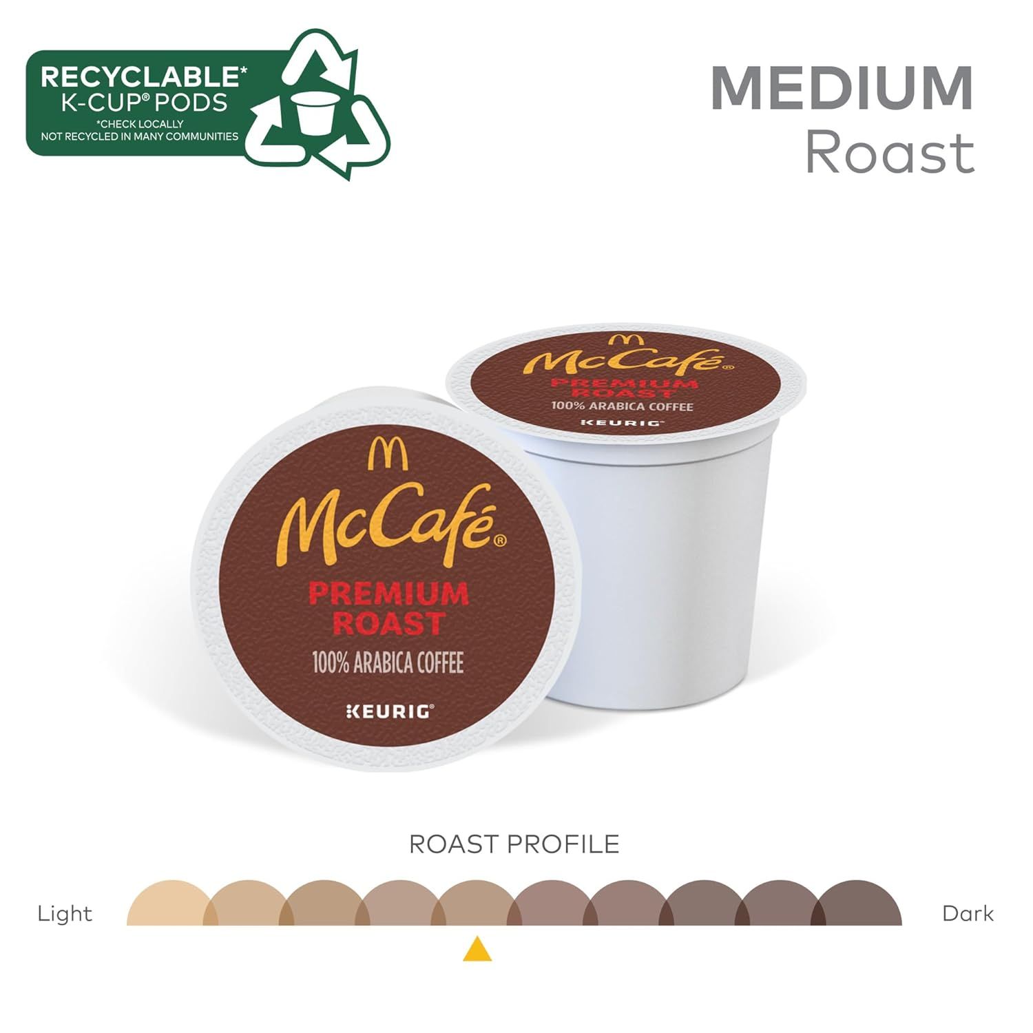 Communicates multiple product features including environmental sustainability through recyclable pods, the medium roast level, and premium coffee quality to help shoppers understand key benefits.