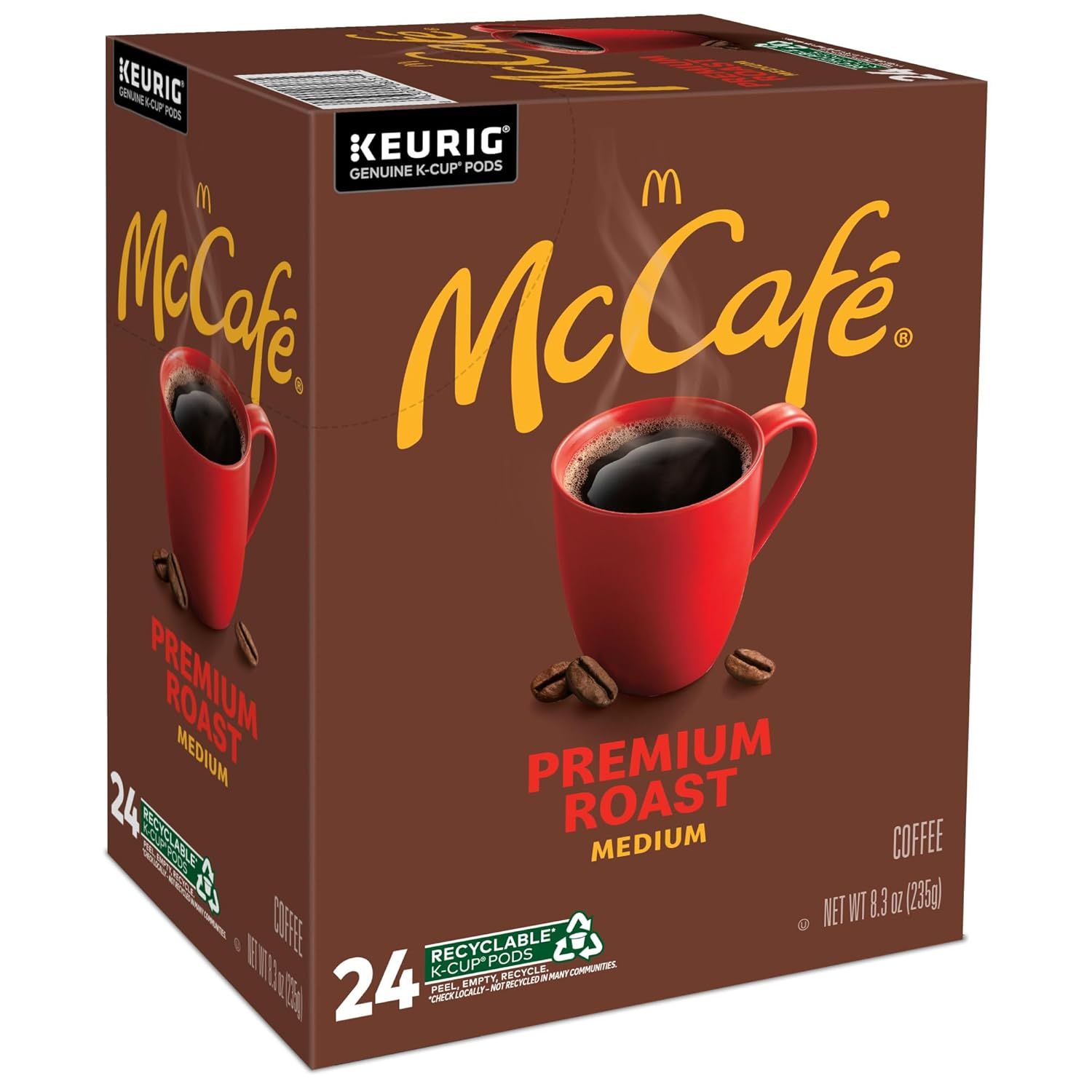 Displays the product packaging in a clean, straightforward manner to help shoppers identify the McCafe Premium Roast coffee K-Cup pods and understand what they are purchasing.