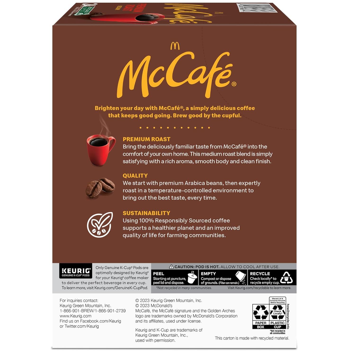 Communicates three key selling points of the McCafe coffee: premium roast quality, high-quality Arabica beans with expert roasting, and 100% responsibly sourced sustainability credentials to appeal…