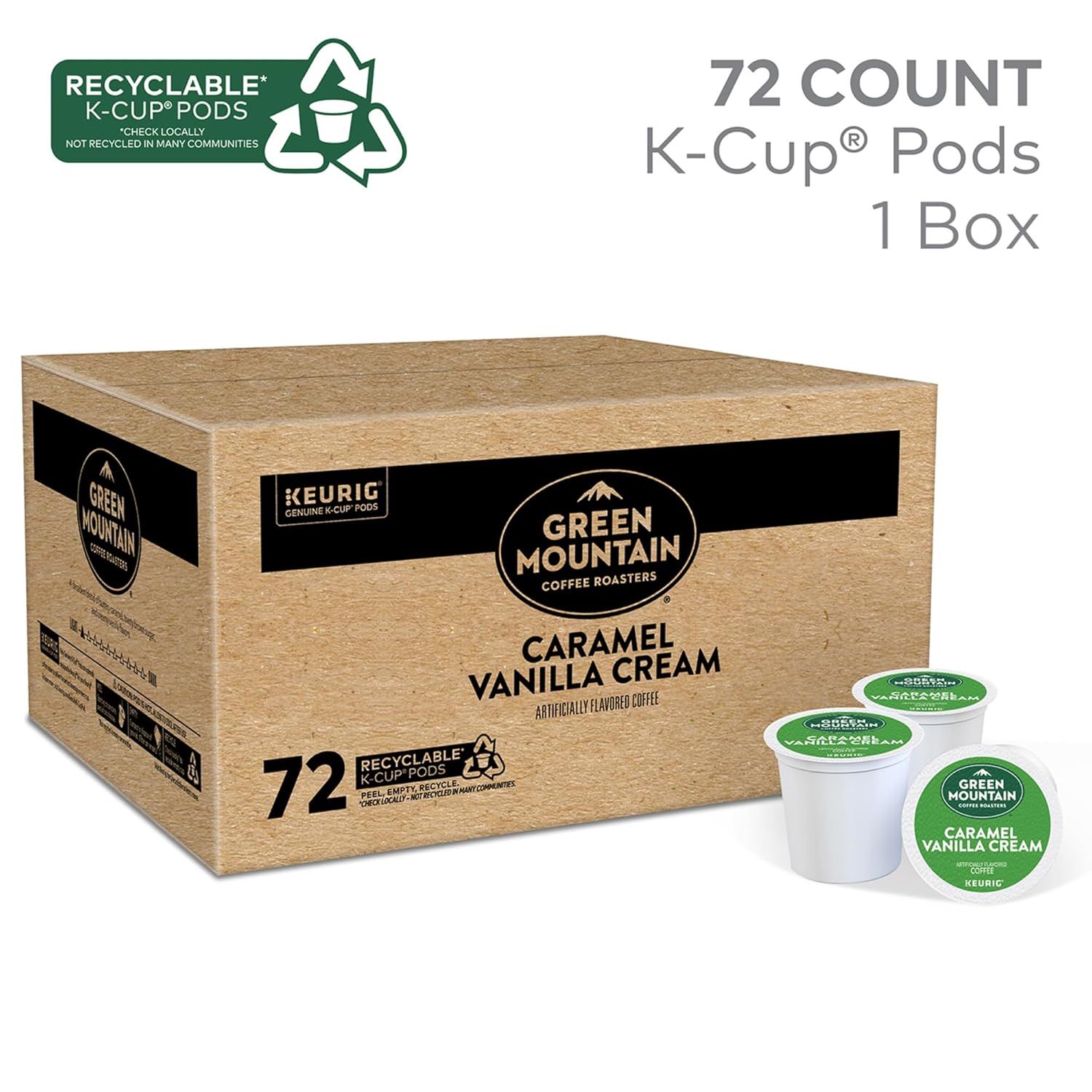 Shows the customer exactly what they receive when purchasing this product: a 72-count box of Green Mountain Caramel Vanilla Cream K-Cup pods with recyclable packaging. Communicates that the K-Cup…