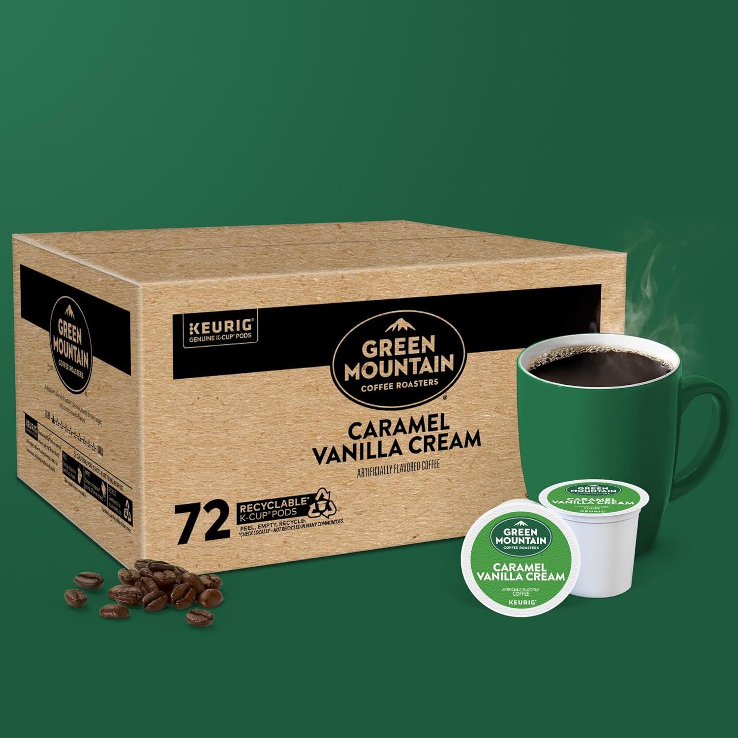 Shows the customer what they receive when purchasing this product: a 72-count box of K-Cup pods, individual pods, and the resulting brewed coffee to set clear expectations about the bundle contents.