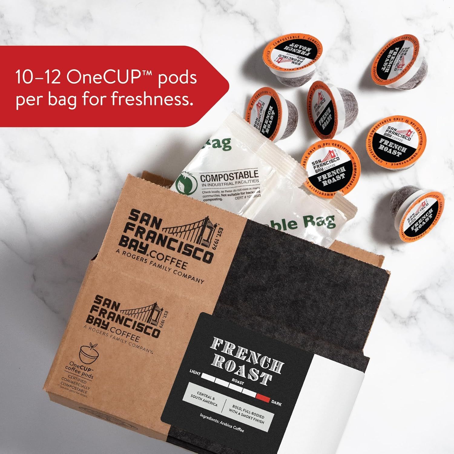 Communicates that the coffee pods are packaged in bags containing 10-12 pods to maintain freshness, reassuring shoppers about product quality and storage.