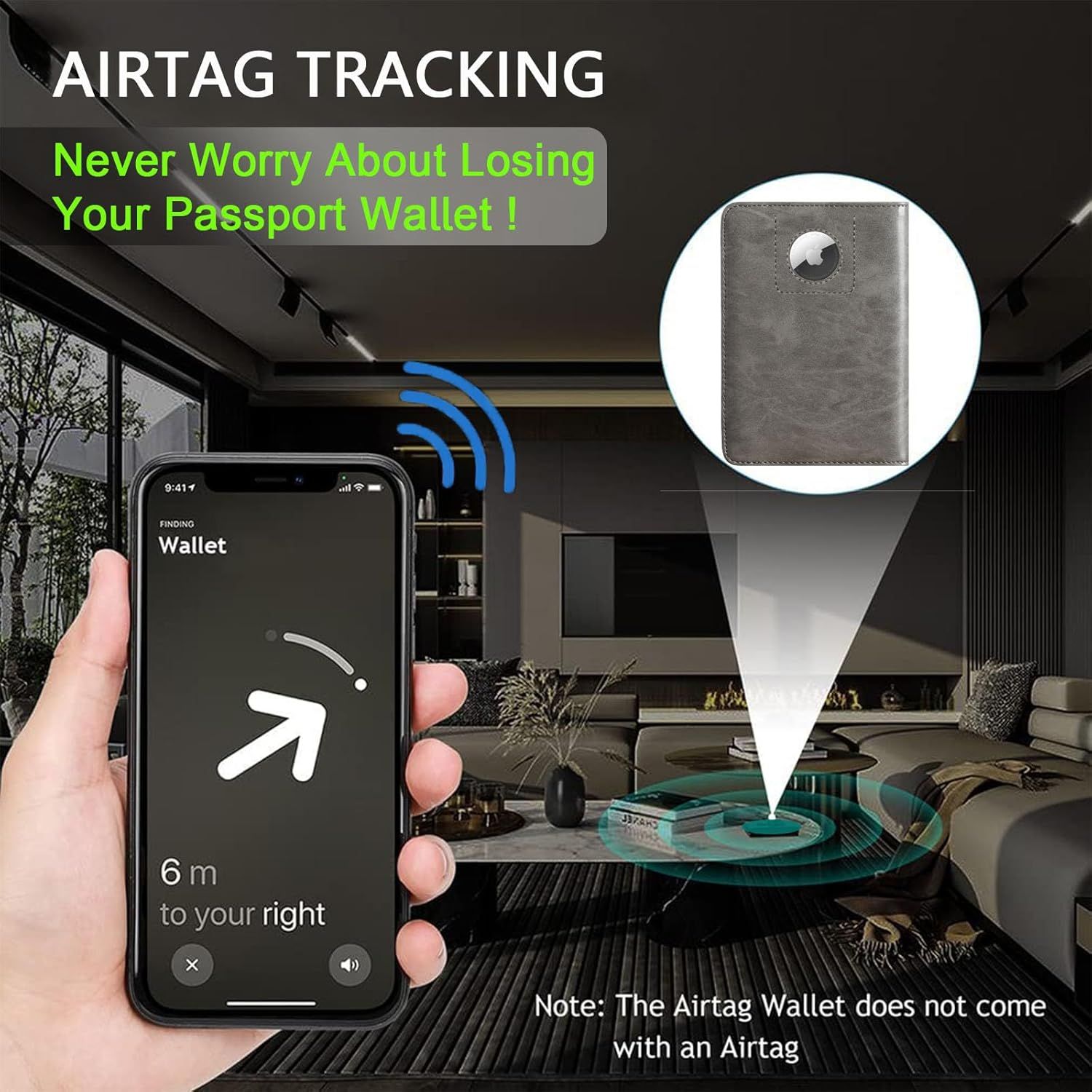 Demonstrates how the wallet is compatible with AirTag tracking technology, reassuring shoppers they can locate their passport wallet if lost.