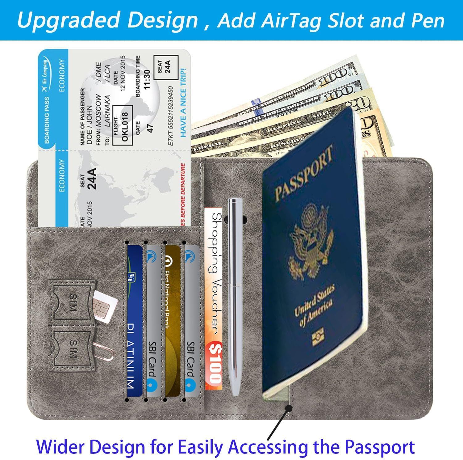 Highlights the upgraded design features including an AirTag slot, pen holder, and wider layout that makes accessing the passport easier for travelers.