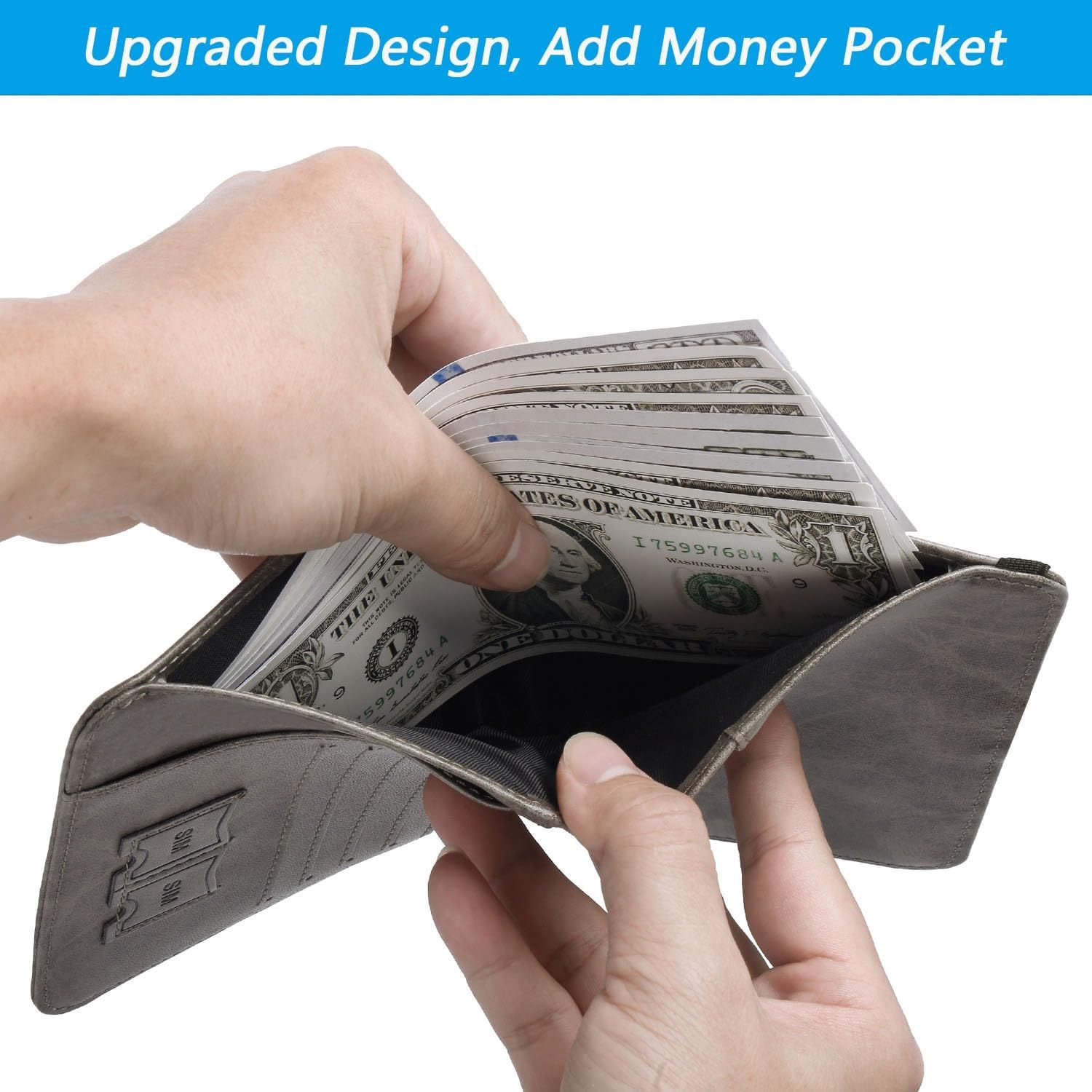 Highlights the wallet's upgraded design featuring a dedicated money pocket for storing cash, demonstrating the product's practical storage capability.