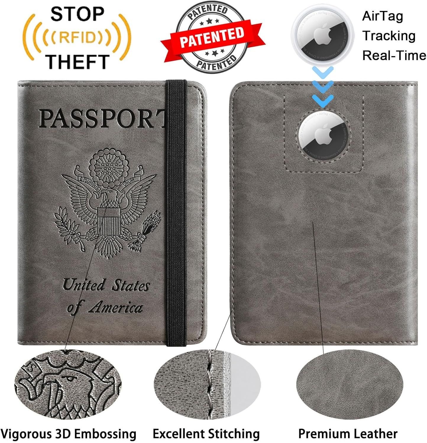Showcases multiple key features of the passport holder including RFID blocking security, AirTag tracking capability, premium leather material, embossed design, and quality stitching to demonstrate…