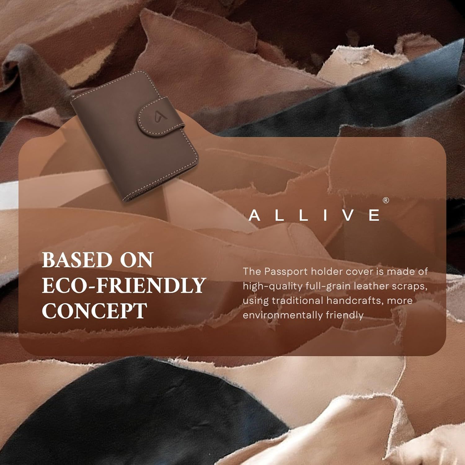 Communicates that the passport holder is made from environmentally friendly full-grain leather scraps using traditional handcrafts, appealing to eco-conscious shoppers.