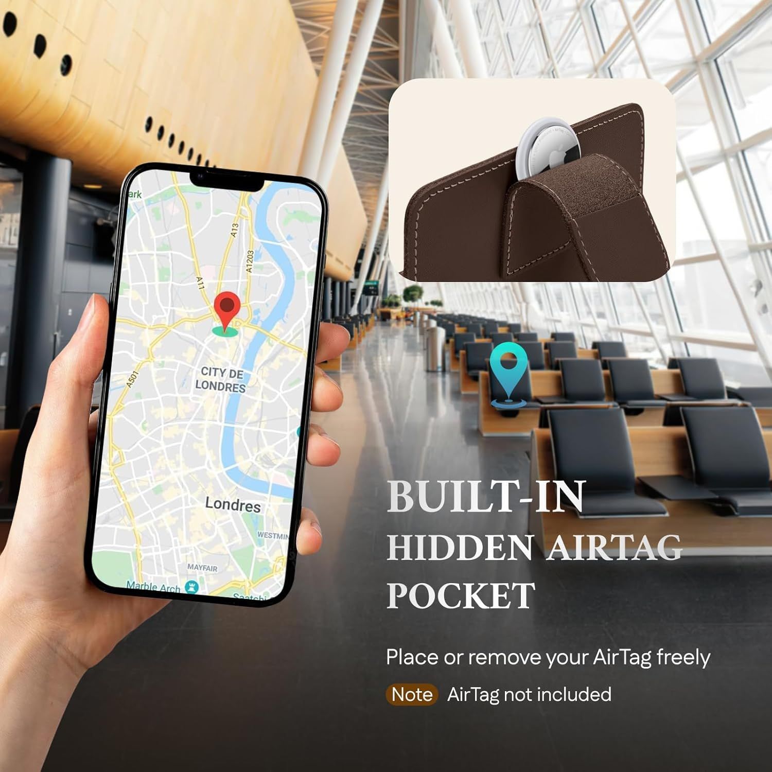 Communicates that the wallet has a dedicated hidden pocket for an AirTag tracker, allowing users to locate their wallet using GPS tracking for peace of mind.