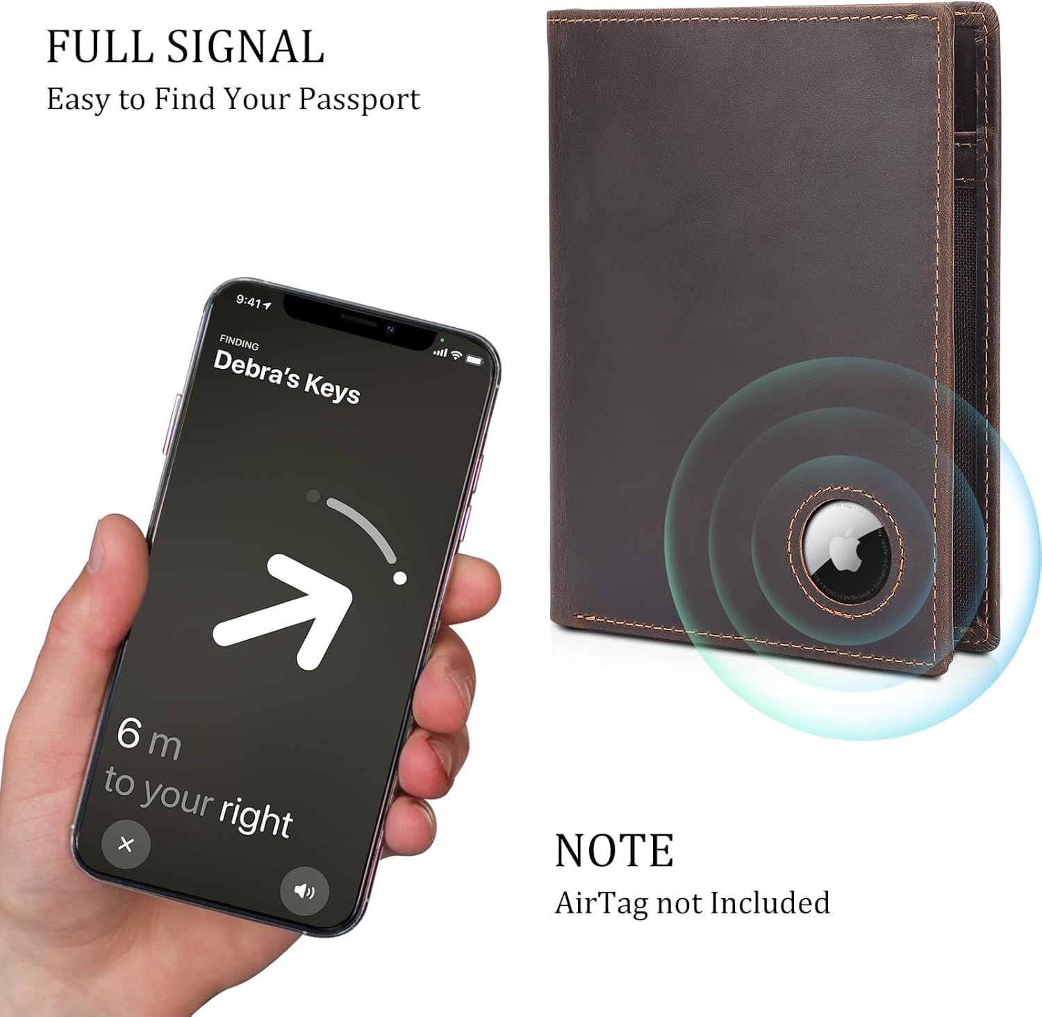 Demonstrates that the wallet has a built-in slot for an AirTag tracker, allowing users to easily locate their passport or wallet using their phone's Find My app.