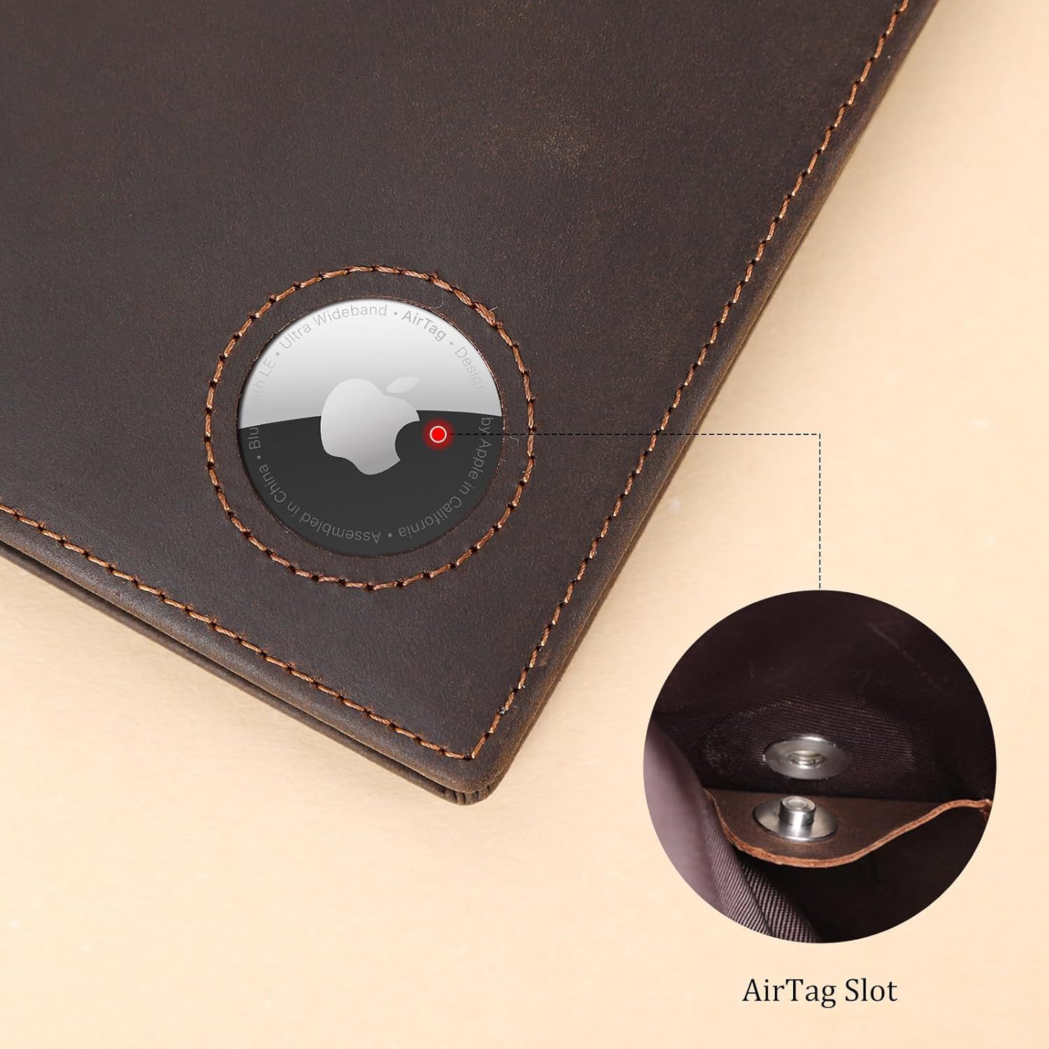 Highlights the built-in AirTag slot feature of the leather product, showing shoppers how the product accommodates Apple AirTag tracking devices for added security and convenience.