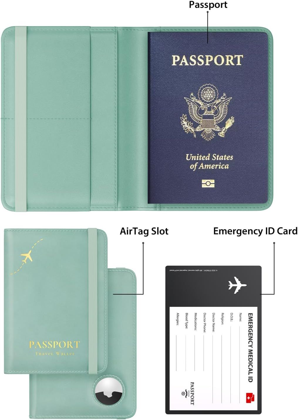 This image breaks down the passport holder by labeling key functional components including the passport slot, AirTag slot, and emergency ID card slot to help shoppers understand the product's…