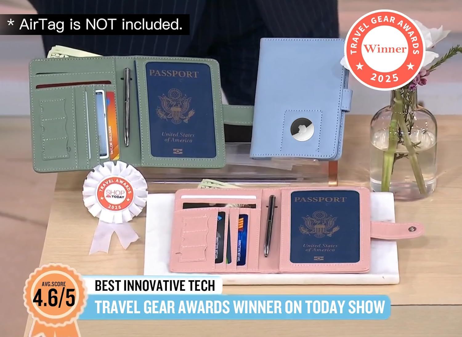 Builds credibility and trust by showcasing that the product won a Travel Gear Award and was featured on the Today Show as best innovative tech.