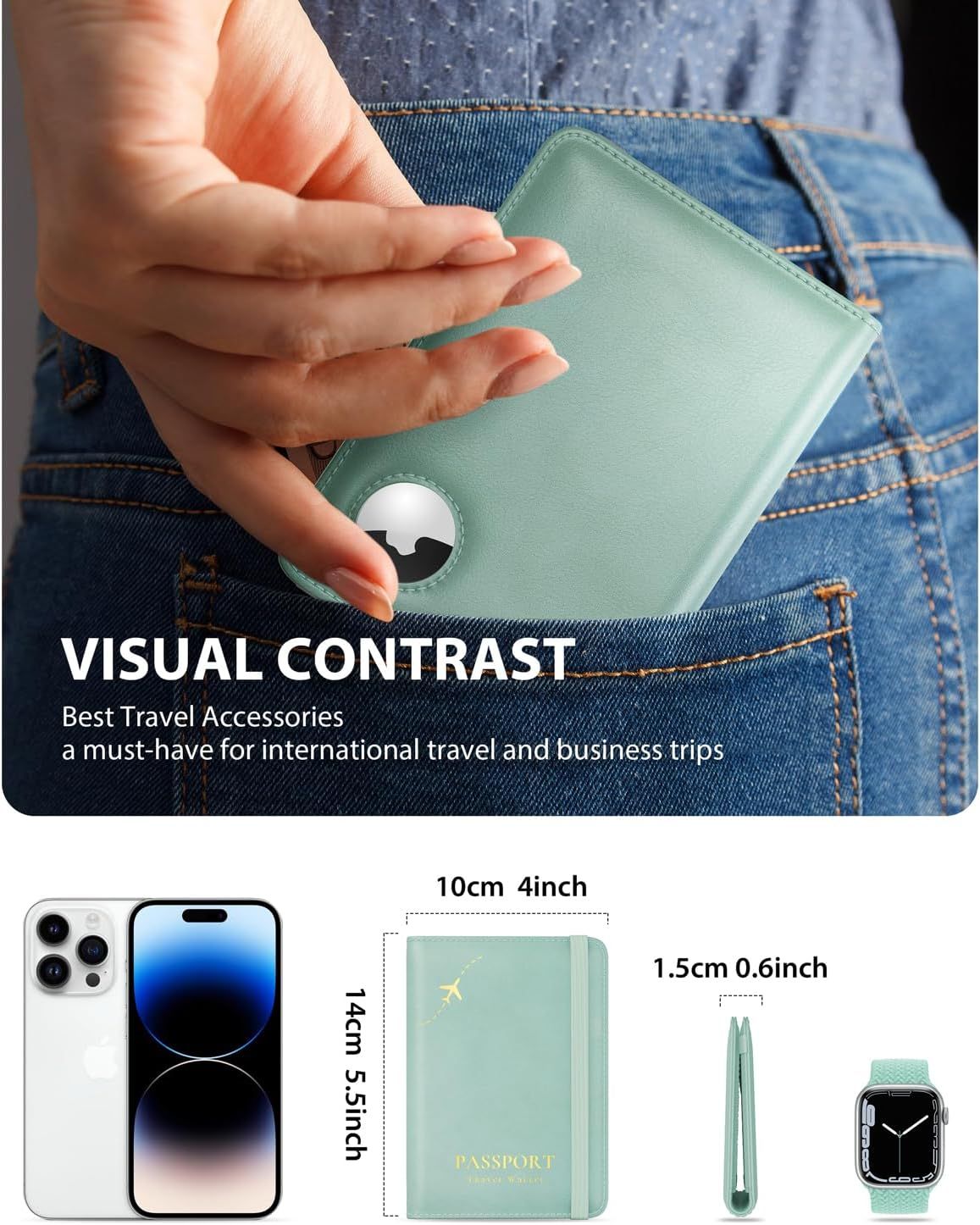 Demonstrates the product as a travel accessory that fits conveniently in a pocket, ideal for international travel and business trips. Shows exact dimensions of the passport holder and compares its…
