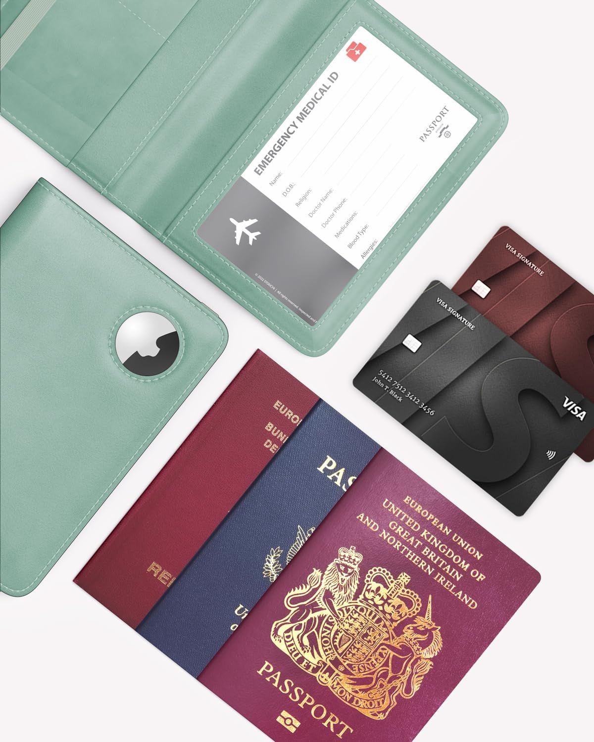 Shows everything included with the travel wallet organizer to help shoppers understand the complete package and its organizational features for travel documents and cards.