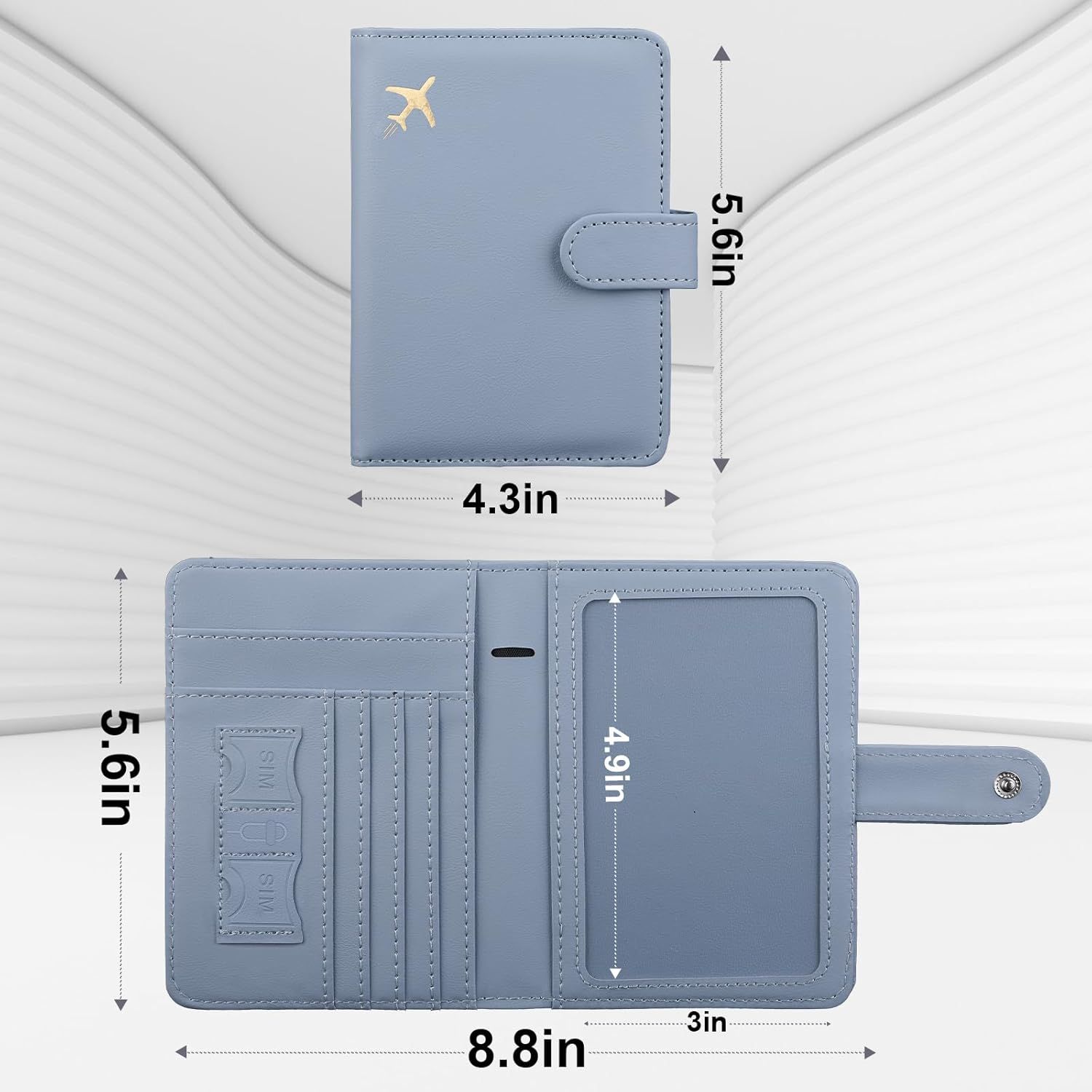 Communicates the exact dimensions of the passport holder in both closed and open states to help shoppers understand its physical size and portability. Shows the internal organization and storage…