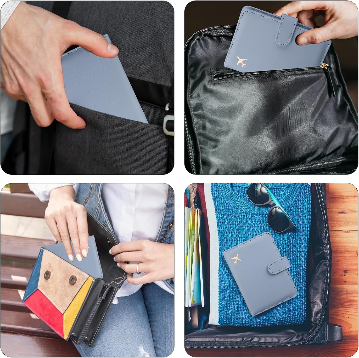 Demonstrates the various ways and environments the passport holder can be used, including in pockets, bags, and during travel, to showcase its versatility and convenience for different situations.