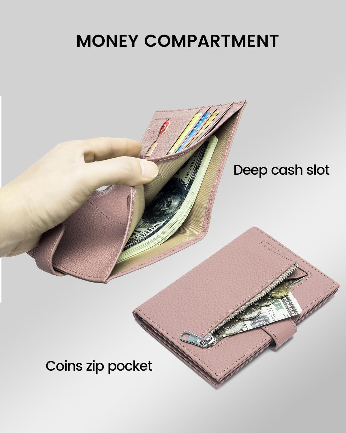 This image breaks down the wallet's internal organization by highlighting the deep cash slot and coins zip pocket, helping shoppers understand how the product stores different types of currency.