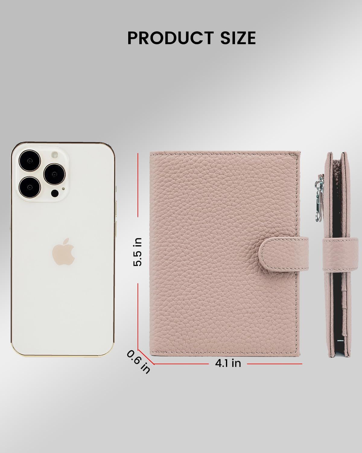 Communicates the exact dimensions of the wallet product using measurements in inches and a smartphone as a reference object to help shoppers understand the physical size and scale.