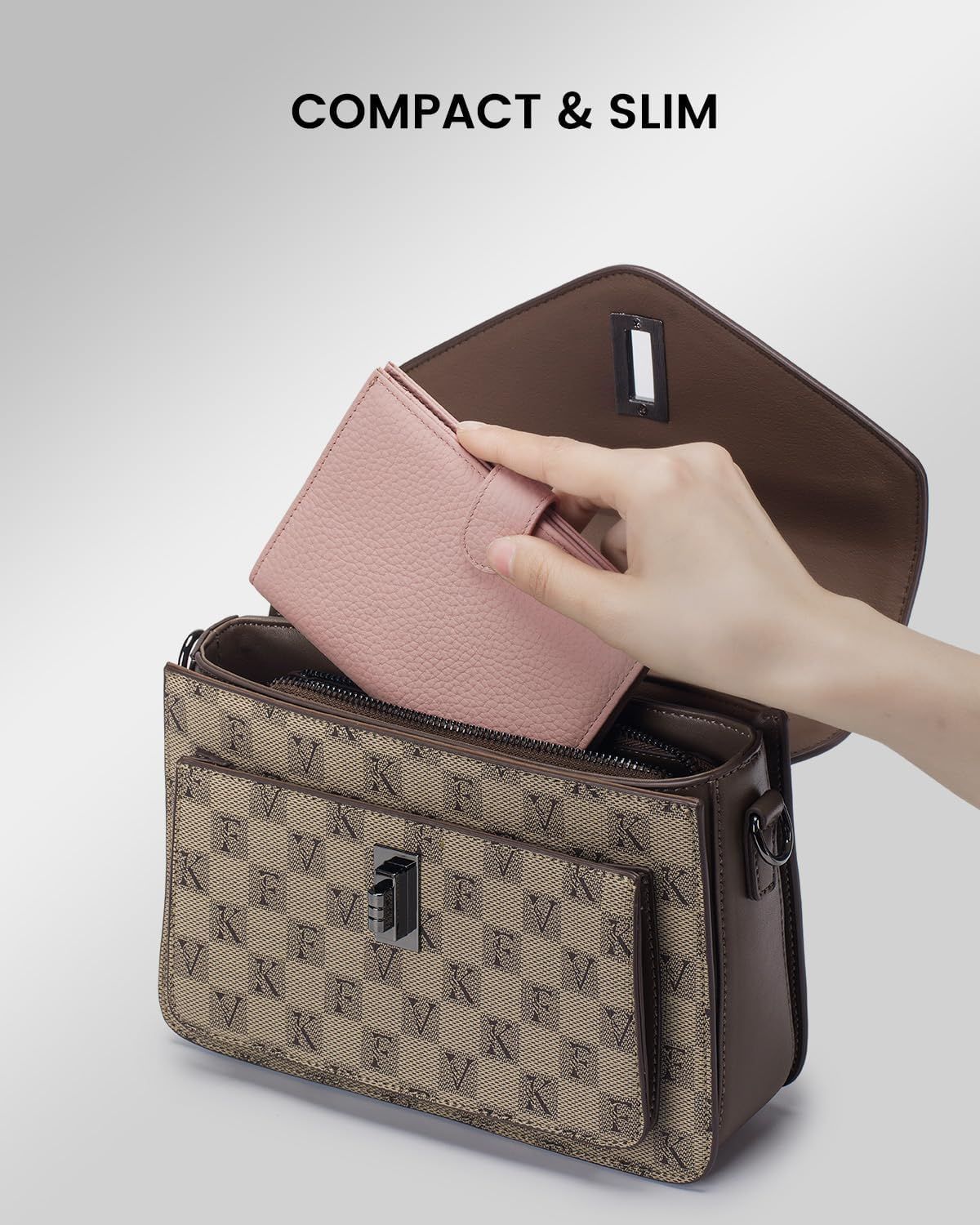 Demonstrates that the bag is compact and slim enough to fit a wallet and other essentials, emphasizing its space-efficient and portable design for everyday use.