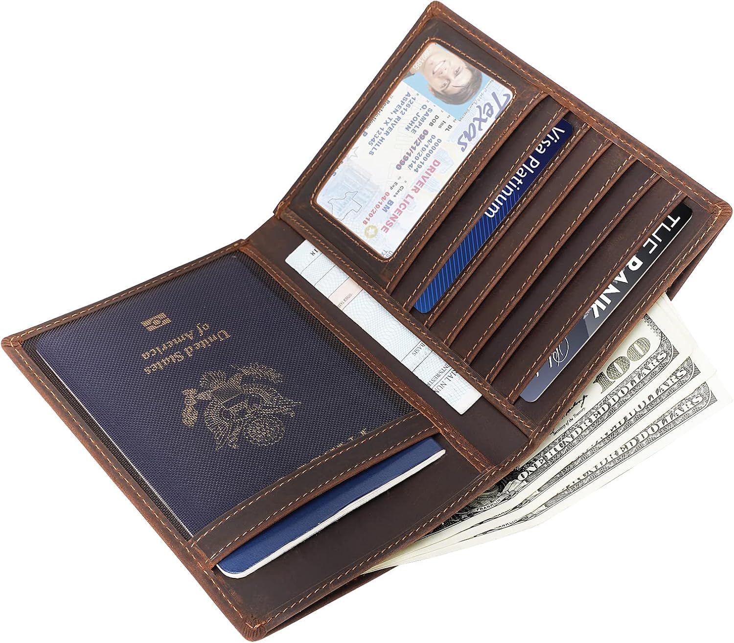 Shows all the organizational features and compartments included in the wallet to demonstrate its capacity and versatility for travel documents, cards, and cash.