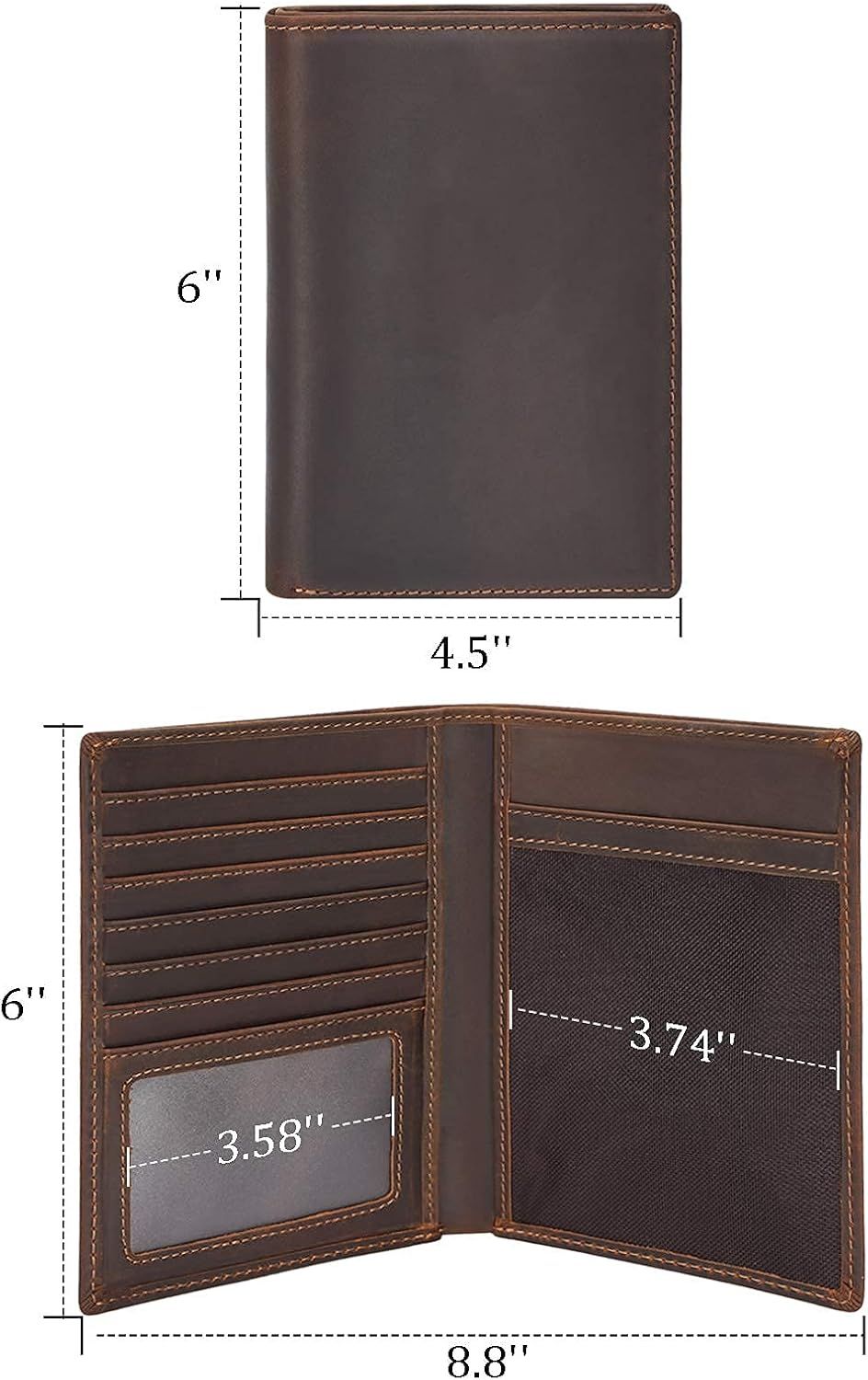 Communicates the exact dimensions of the wallet both closed and open, helping shoppers understand the physical size and internal capacity before purchase.