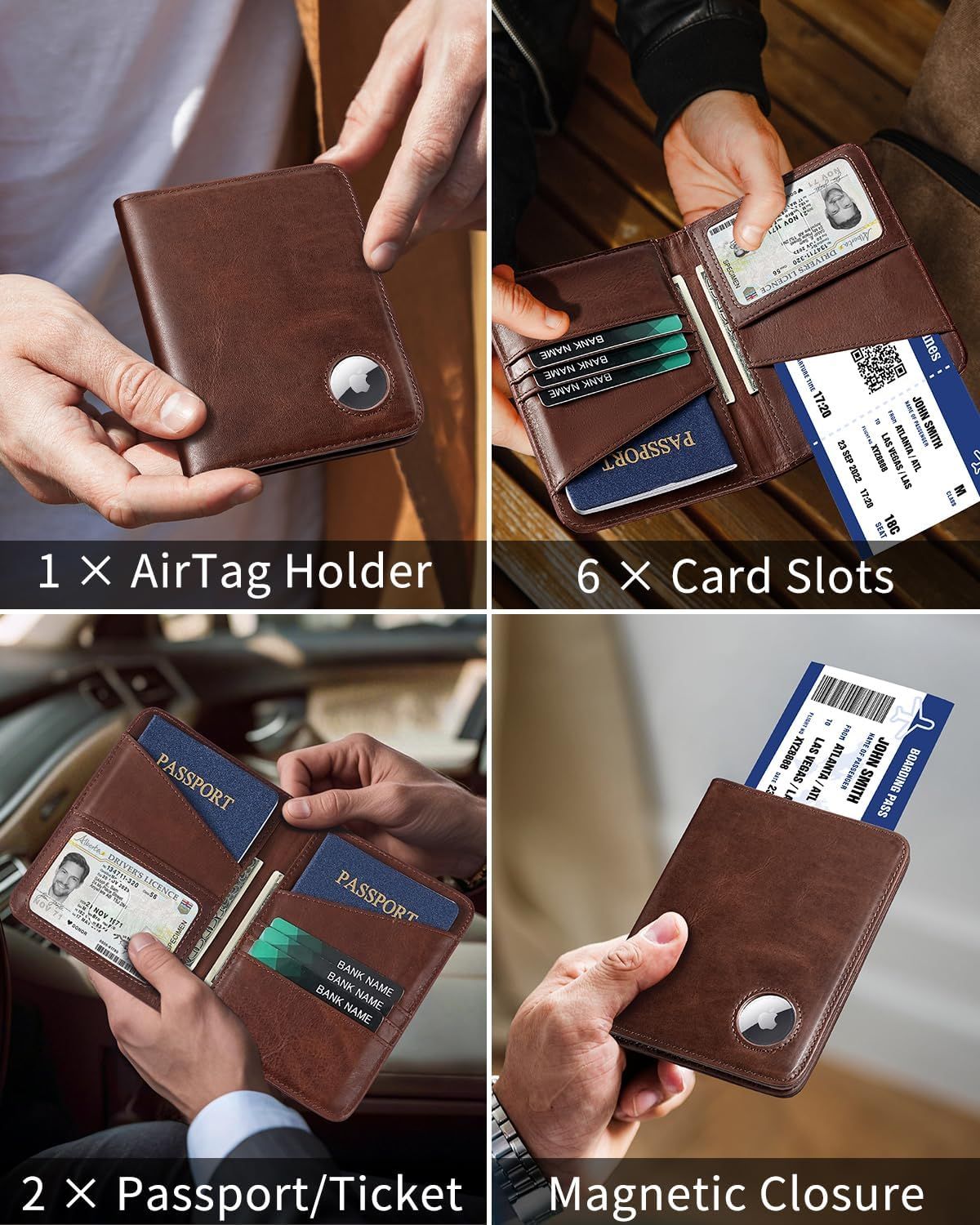 Showcases the wallet's multiple organizational features and storage capabilities to demonstrate its versatility and functionality for travelers and everyday users.