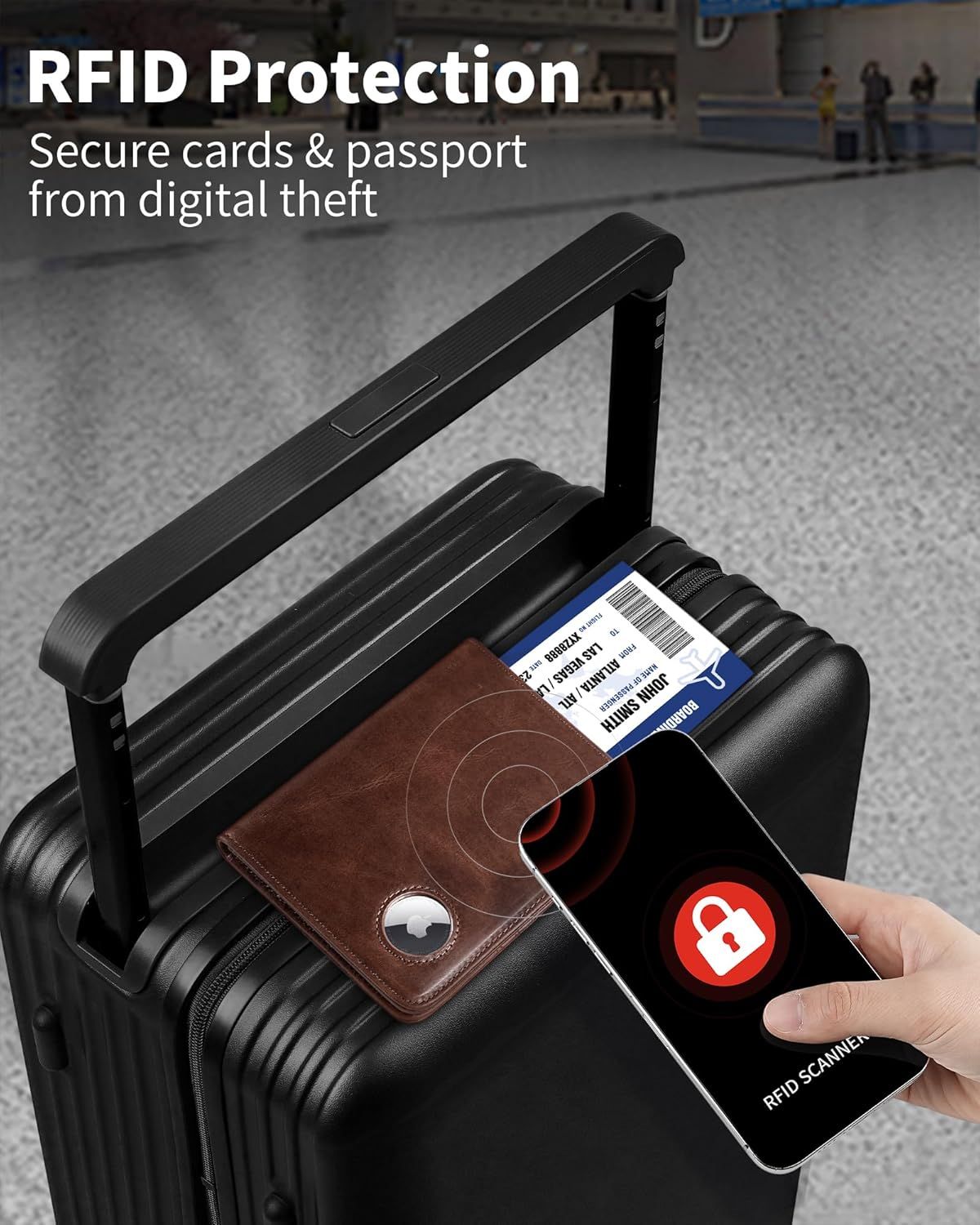Communicates that the product protects cards and passports from digital theft by blocking RFID scanners, providing security and peace of mind for travelers.