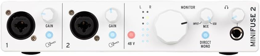 This image shows the physical layout and labeled components of an audio interface, helping shoppers understand the input/output configuration and control features available on the device.