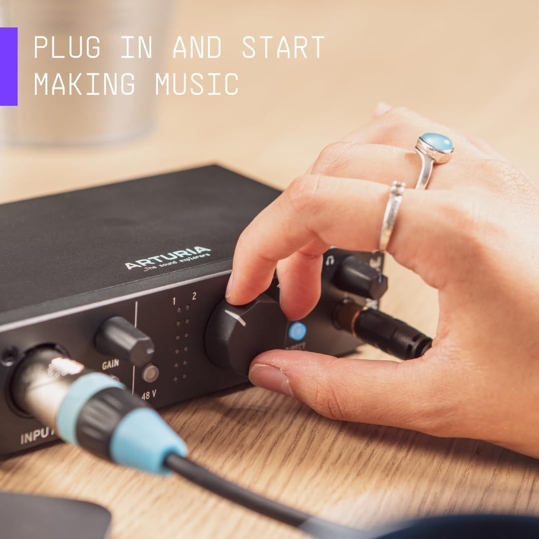 Demonstrates how simple it is to connect and start using the audio interface by plugging in cables, reassuring shoppers that setup is quick and straightforward. Communicates the plug-and-play…