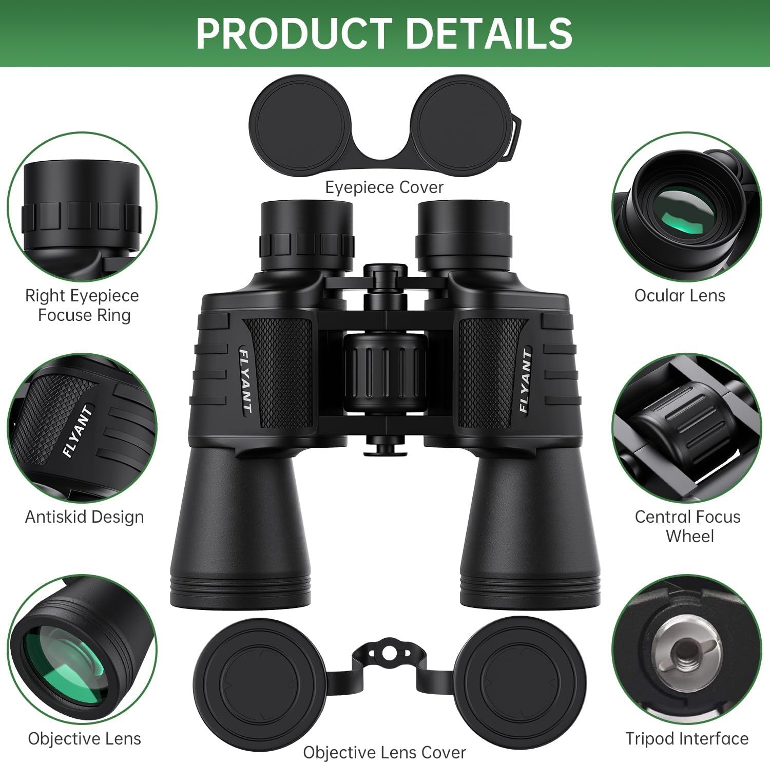 This image breaks down the physical components and structural parts of the binoculars to help shoppers understand what each part is and how the product is constructed.
