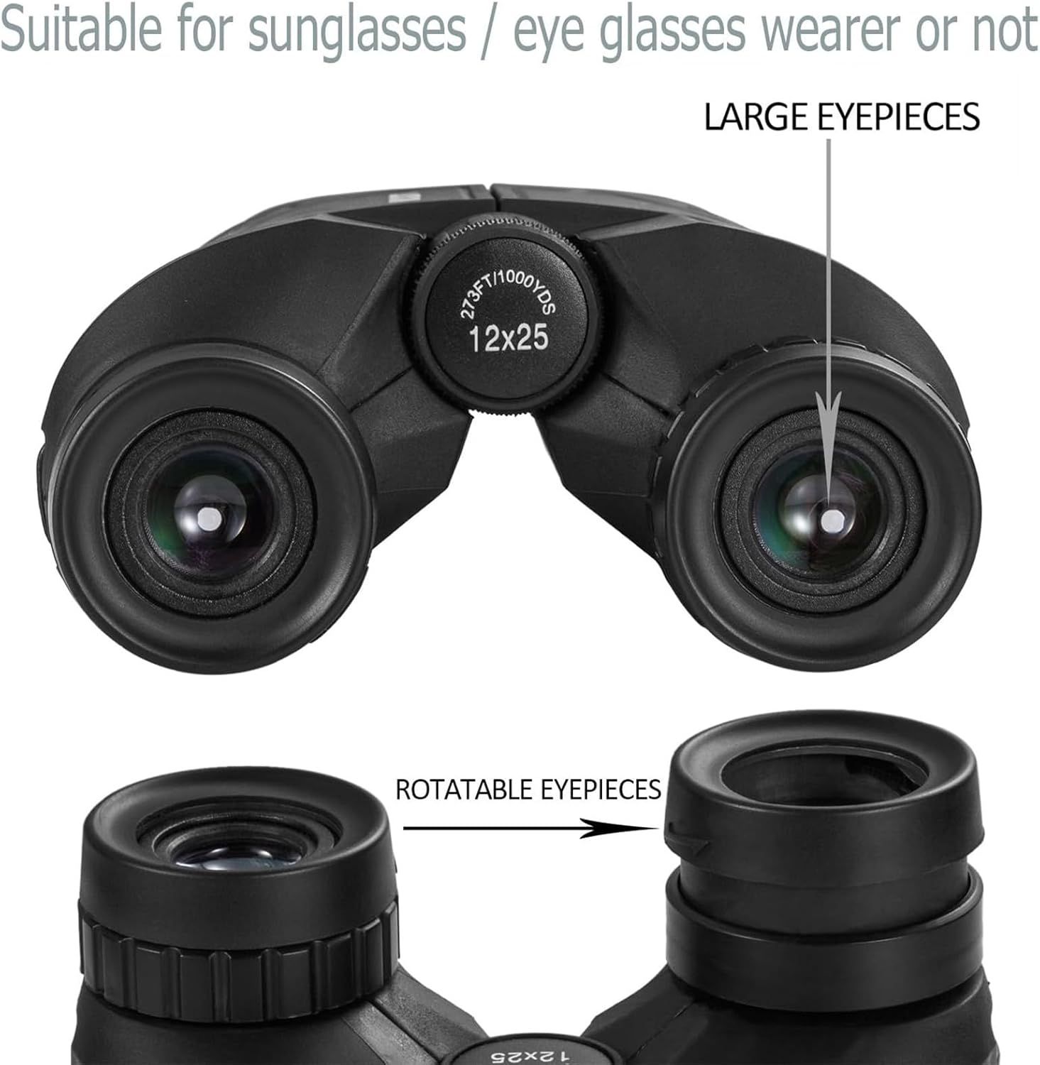Highlights the physical design features of the binoculars, specifically the large eyepieces for glasses wearers and the rotatable eyepieces for adjustable comfort. Communicates that the binoculars…