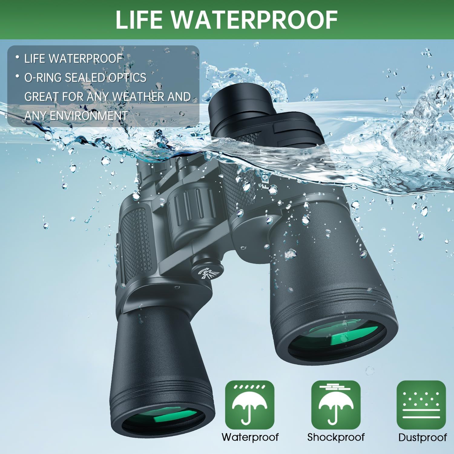 Communicates that the binoculars are fully waterproof with O-ring sealed optics, suitable for any weather and environment, reassuring shoppers of durability in wet conditions.