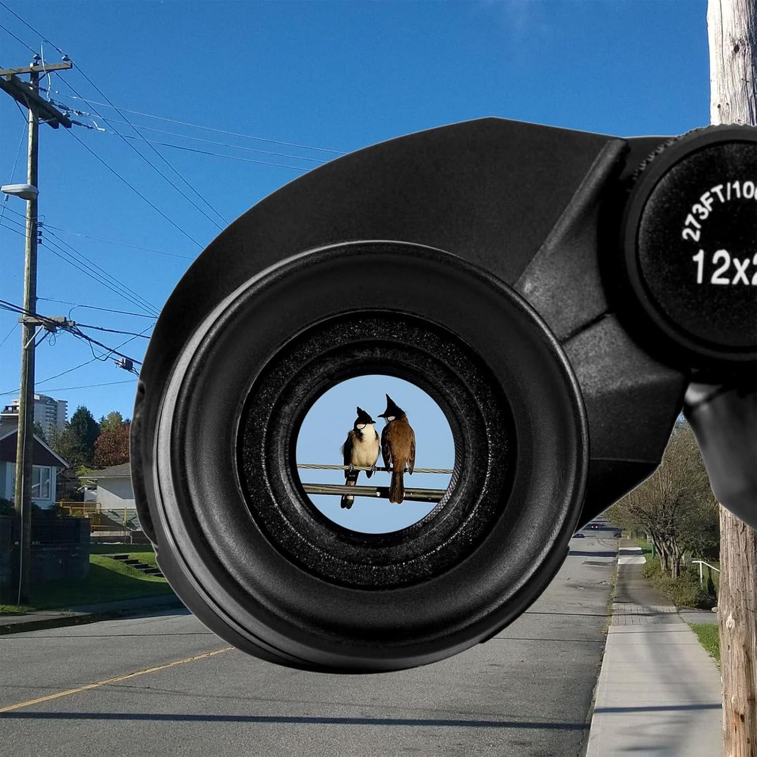 Demonstrates the powerful 12x zoom capability of the binoculars by showing birds clearly magnified through the lens, reassuring shoppers of the product's optical performance. Communicates the core…