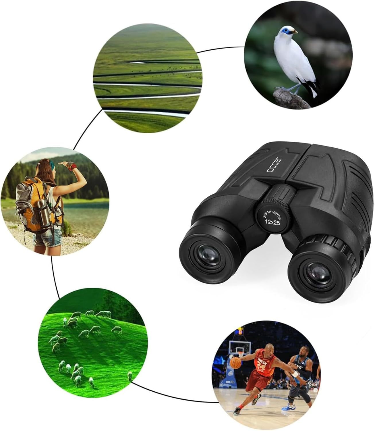 Demonstrates the binoculars can be used across multiple scenarios including wildlife viewing, bird watching, hiking, nature observation, and sports events to communicate versatility and broad utility.