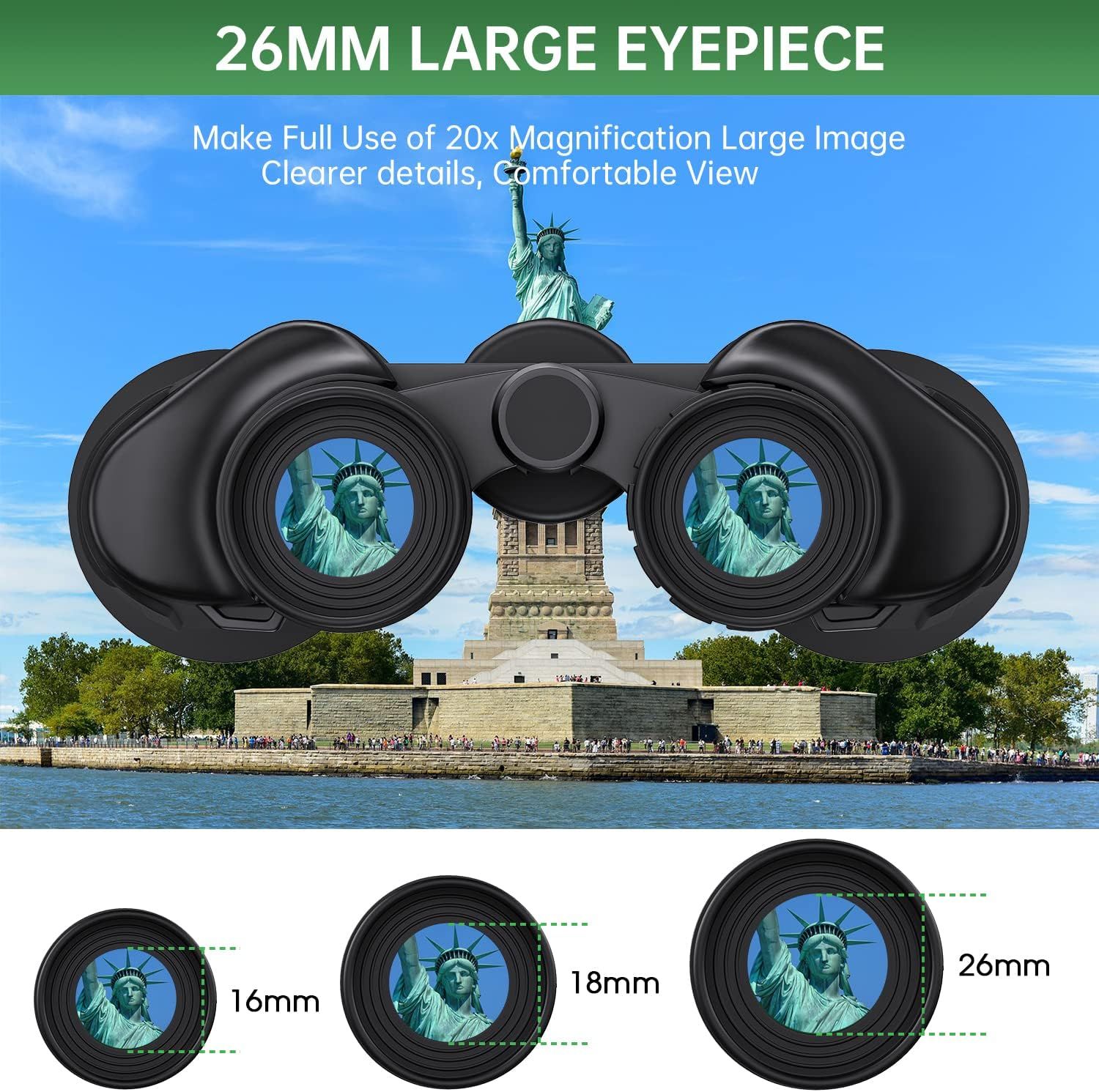 Communicates the benefit of the large 26mm eyepiece which provides enhanced magnification and viewing comfort compared to smaller eyepiece sizes.