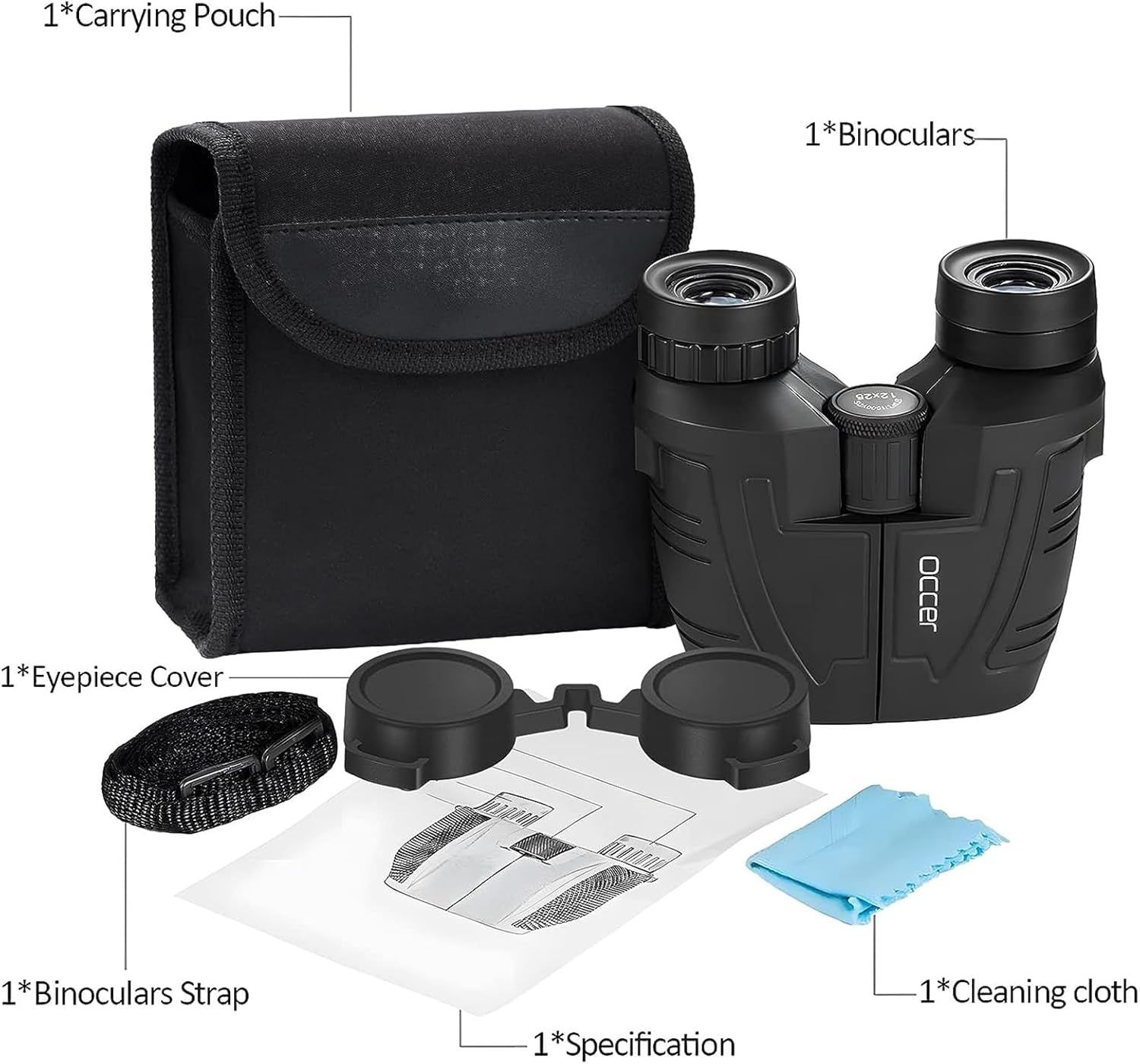 Shows all items included with the binoculars purchase to help shoppers understand the complete package value including carrying pouch, strap, eyepiece cover, cleaning cloth, and specification manual.